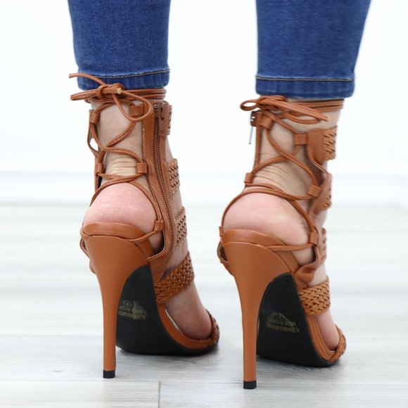 Glam Gladiator Style Strappy Brown High Heel Stiletto Sandals - Picture 6 of 12